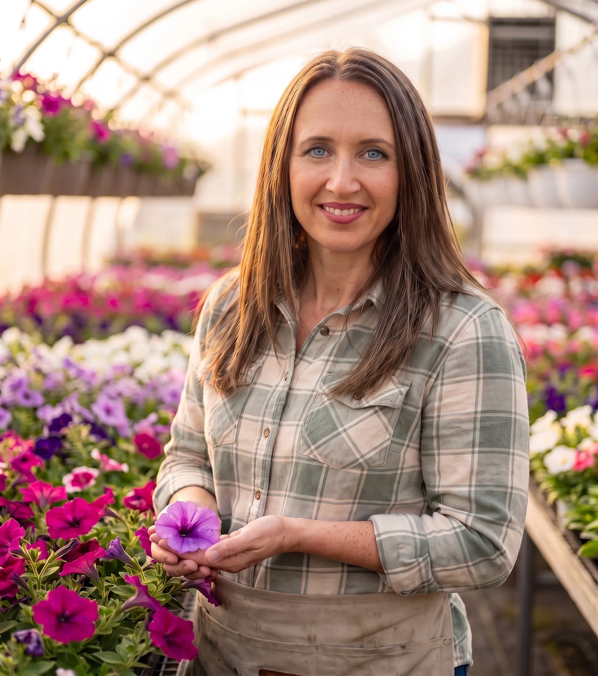 Shannon Kershaw, founder of Mae Flowers, in her greenhouse among the petunias.