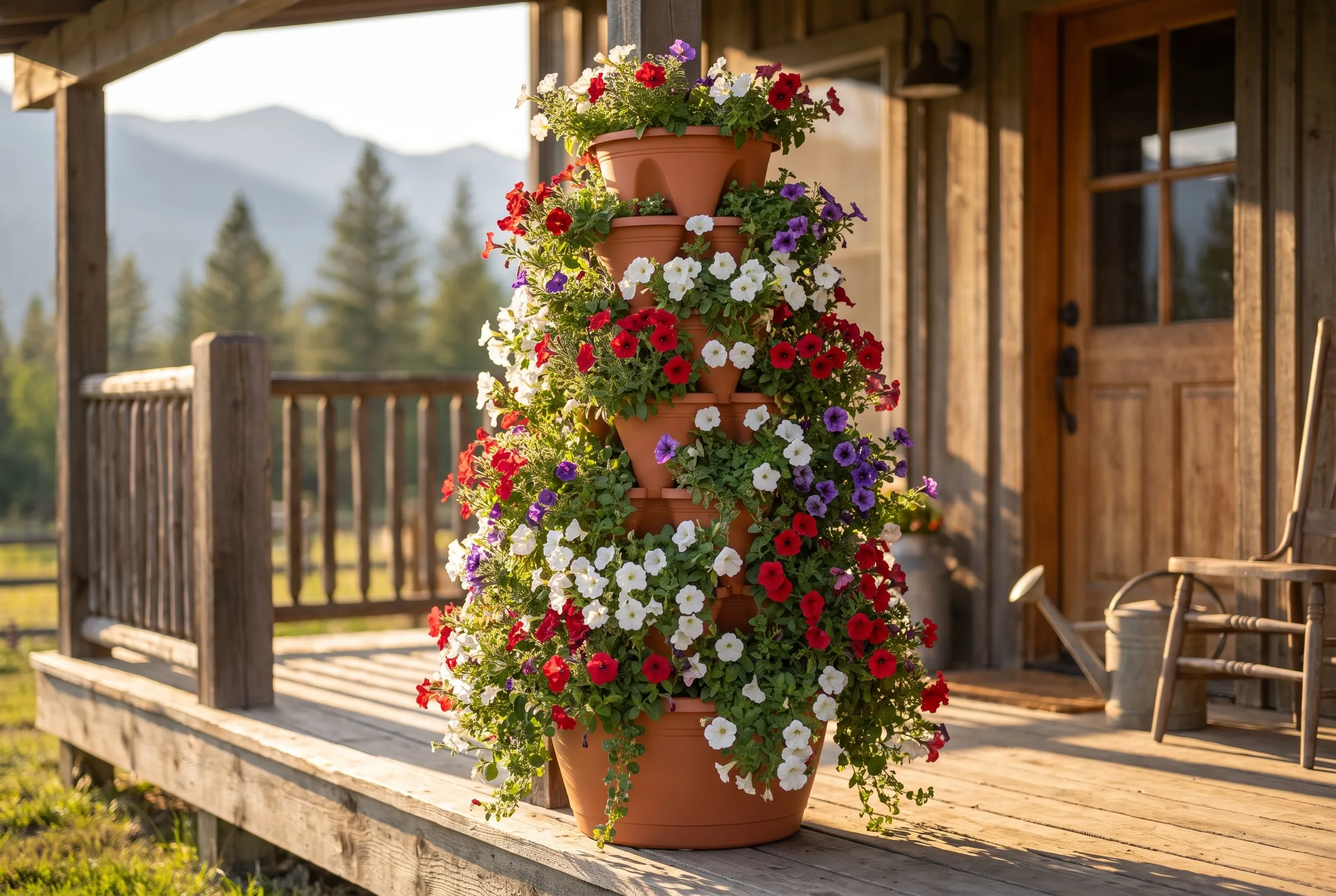 The Petunia Tower on a porch with an Idaho mountain meadow behind it.