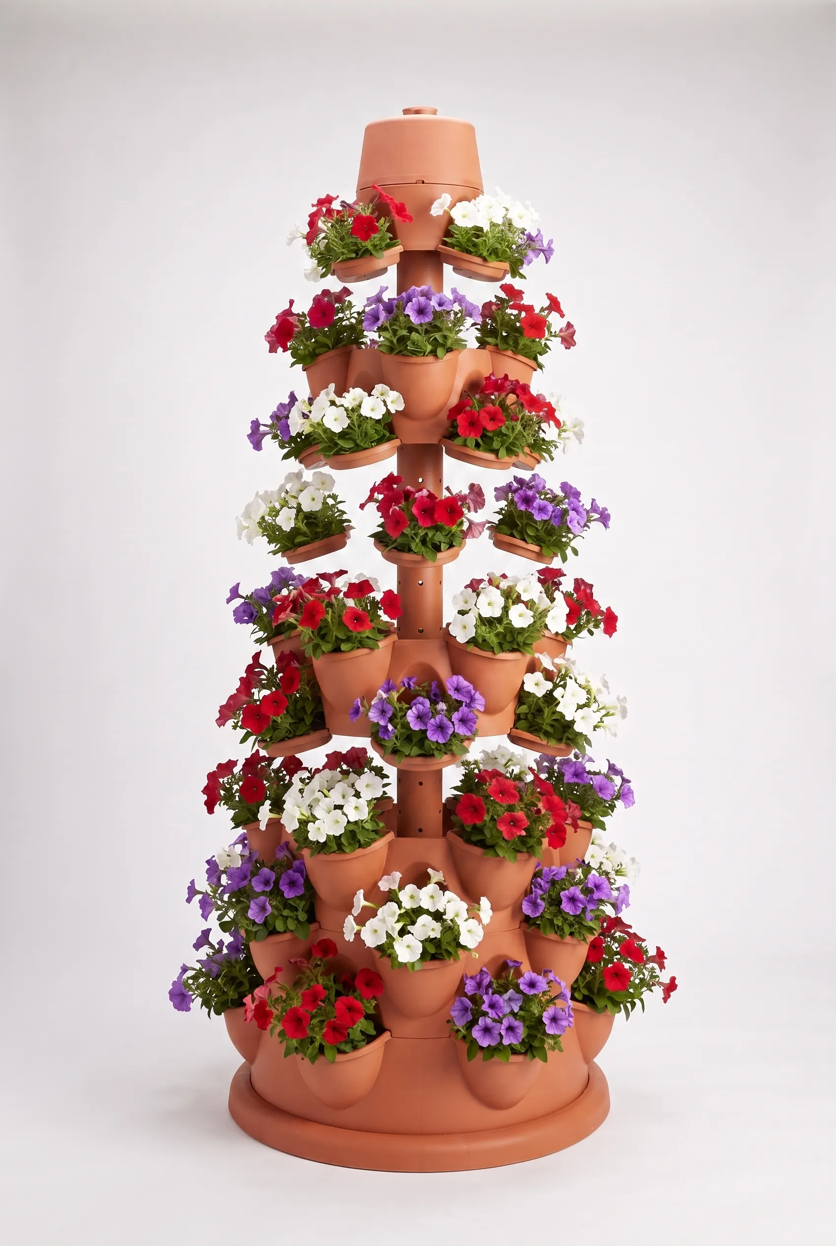 Exploded view of the Petunia Tower showing its modular stacking sections coming apart around a central column.