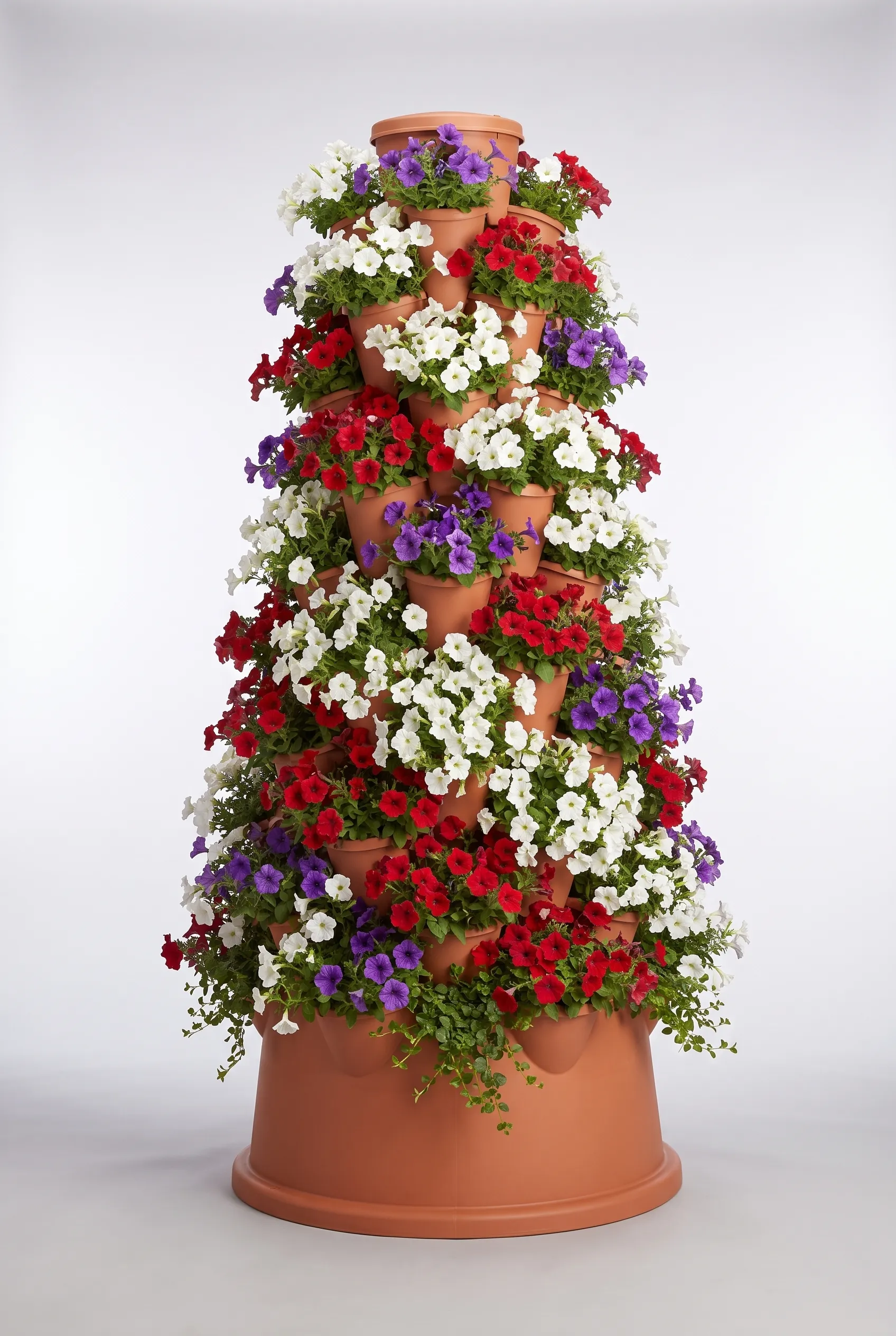 The Petunia Tower prototype — a round terracotta tower planted with red, white, and purple petunias cascading from top to bottom.